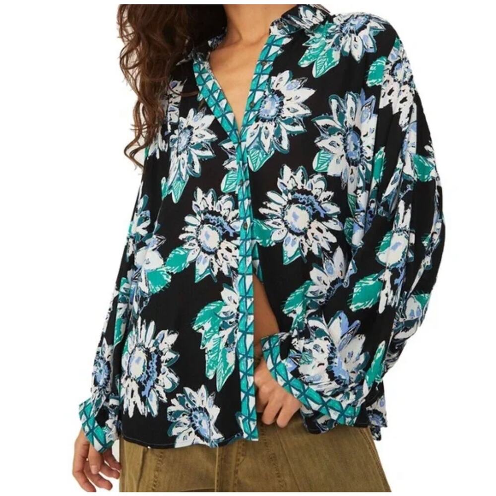 Free People Button Down Floral All Over Print Good Vibrations Blouse Small